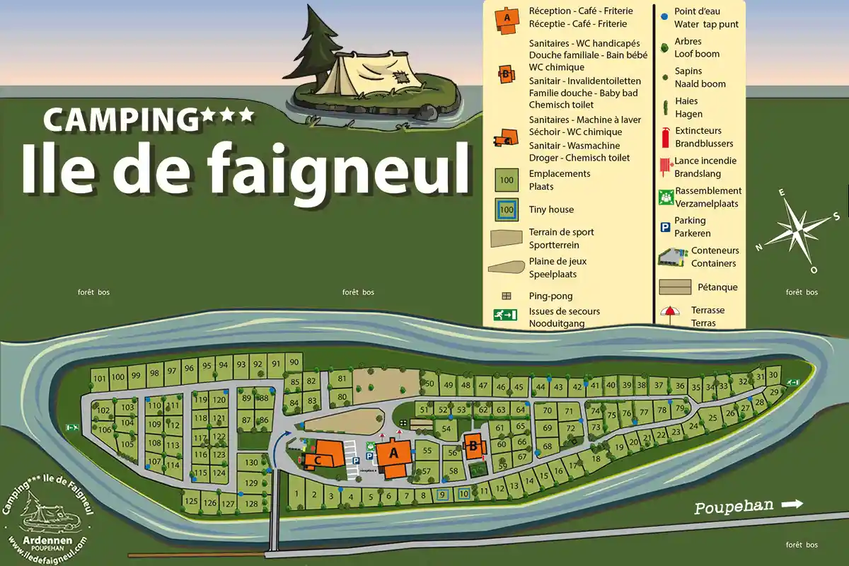 Plan du Camping Île de Faigneul : emplacements numérotés sur l’île de la Semois
