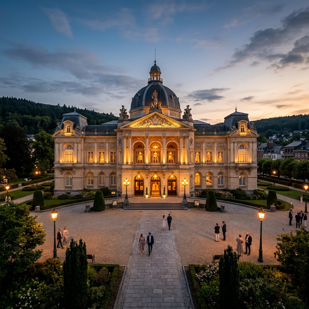 Beleuchtete historische Fassade des Casino de Spa (La Redoute) bei Nacht