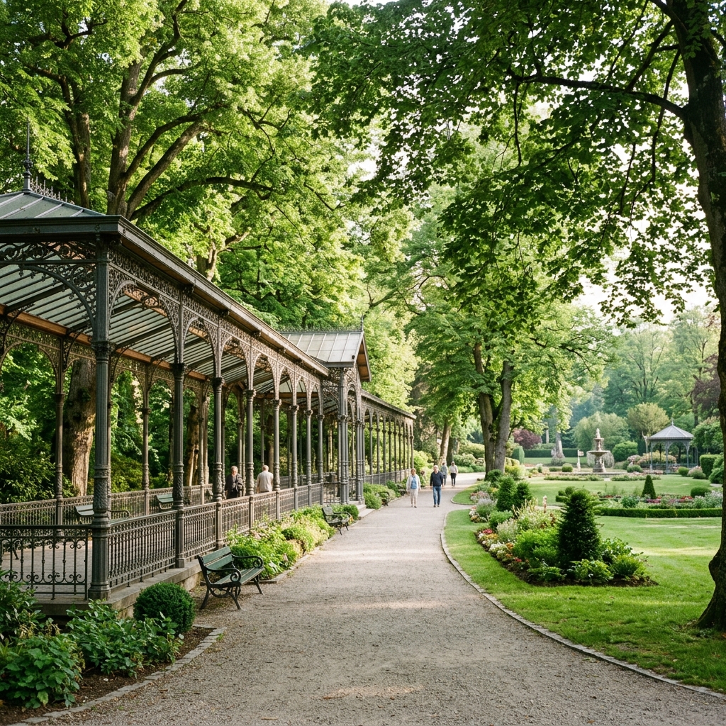 Grüner Spazierweg im Parc de Sept Heures in Spa mit seinen überdachten Wandelgängen