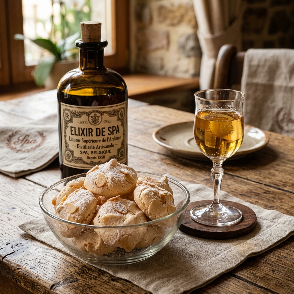 Die Baisers de Spa und die Flasche des Elixiers von Spa mit 40 Kräutern, gastronomische Spezialitäten