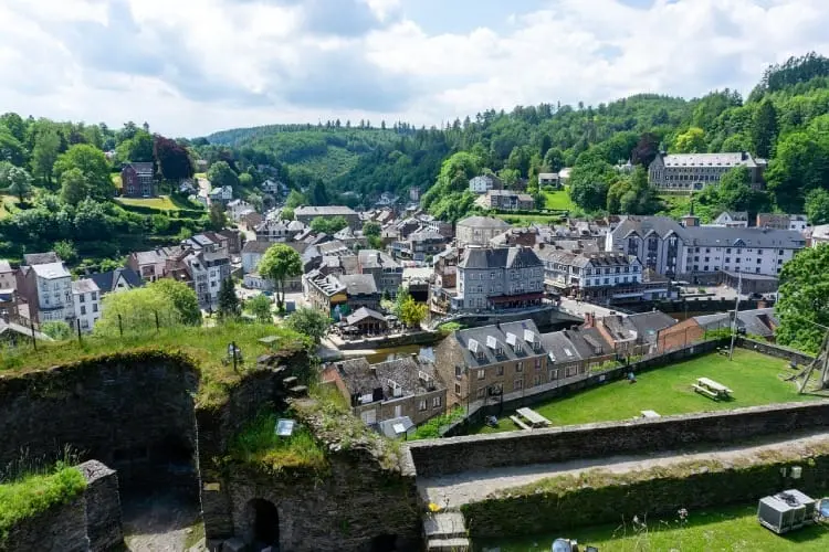 Aerial view of La Roche-en-Ardenne, its feudal castle ruins and the Ourthe meander