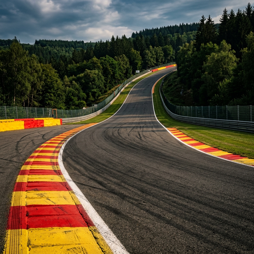 Racing car climbing the mythical Raidillon de l'Eau Rouge corner at Spa-Francorchamps