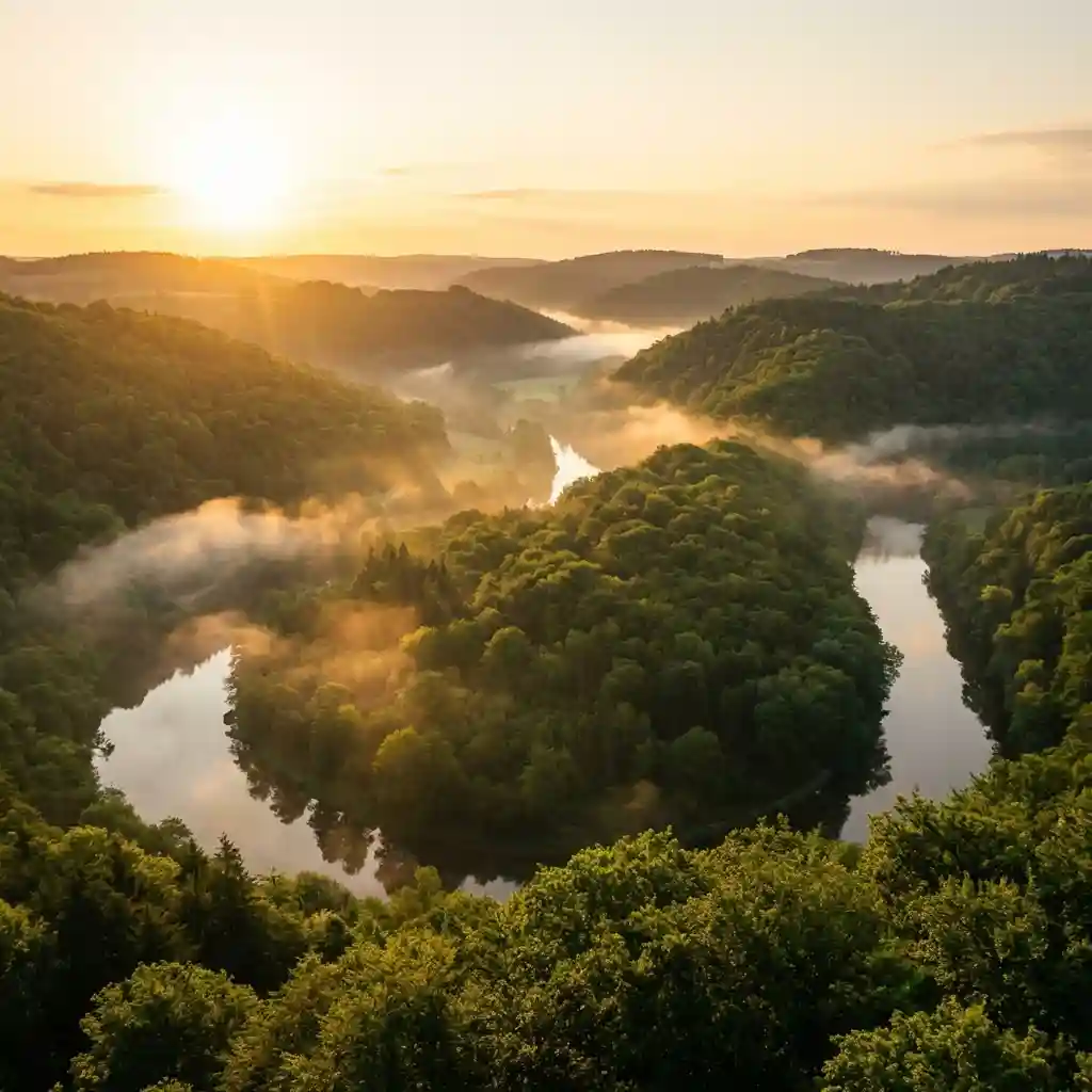 Camping en vallée de la Semois — lever de soleil sur la rivière en Ardenne belge